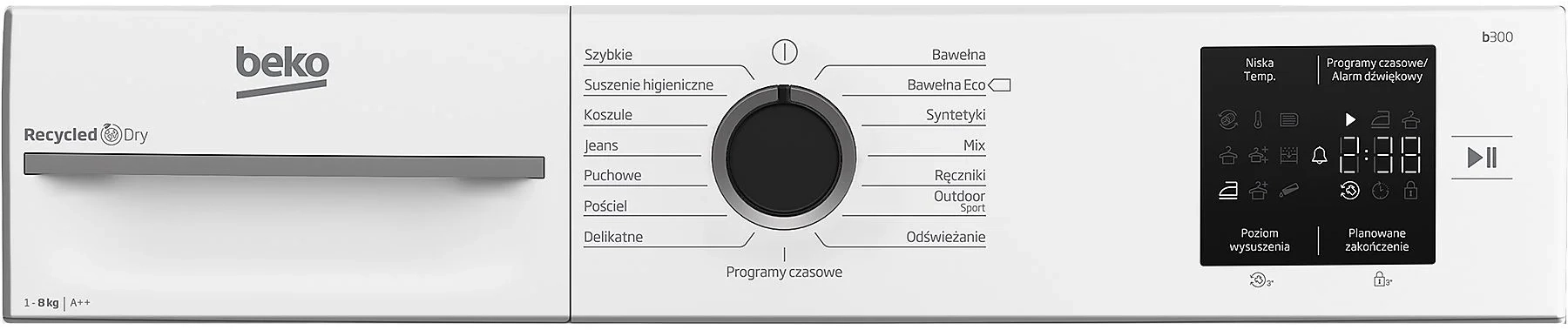 Biały panel sterowania suszarki Beko z pokrętłem, przyciskami i wyświetlaczem cyfrowym.