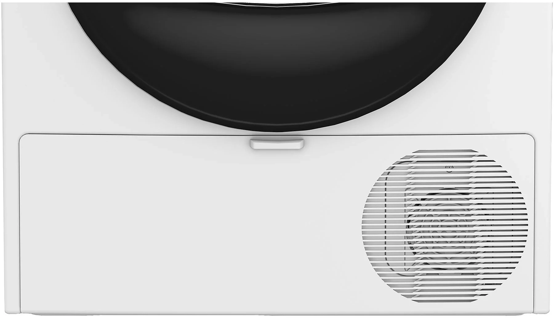 Zbliżenie białego urządzenia. Ma czarny, zakrzywiony wierzch, biały panel z uchwytem i okrągły otwór wentylacyjny z poziomymi liniami.