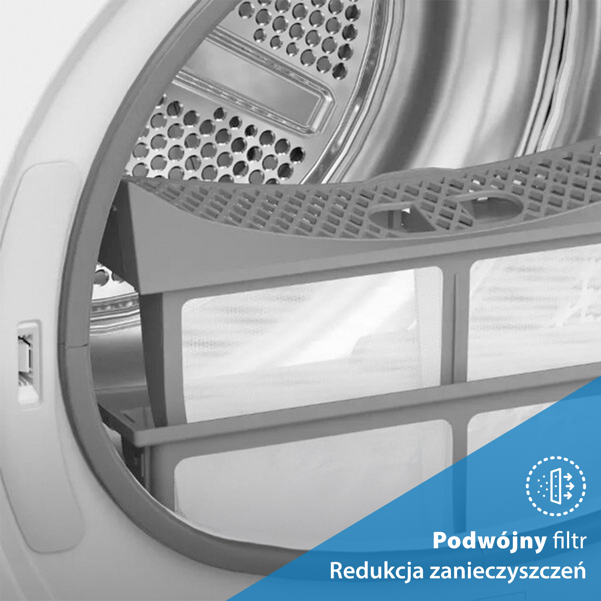 Zbliżenie komory filtra suszarki. Filtr jest szary i biały, z siatką. Tekst: Podwójny filtr, redukcja zanieczyszczeń.