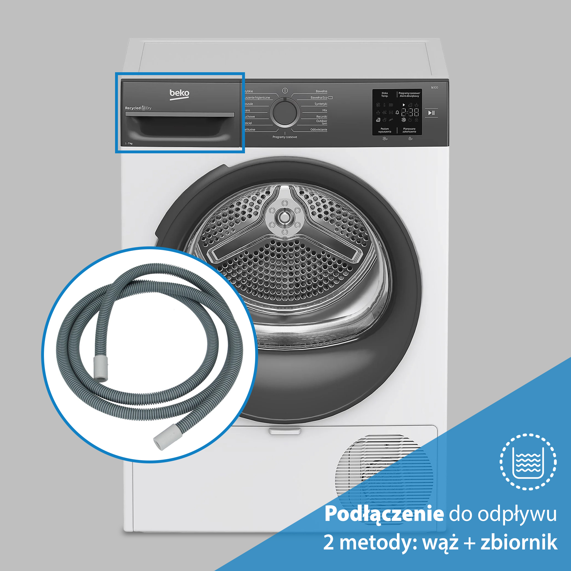 Suszarka Beko z szarym wężem z przodu. Suszarka ma panel sterowania i bęben.