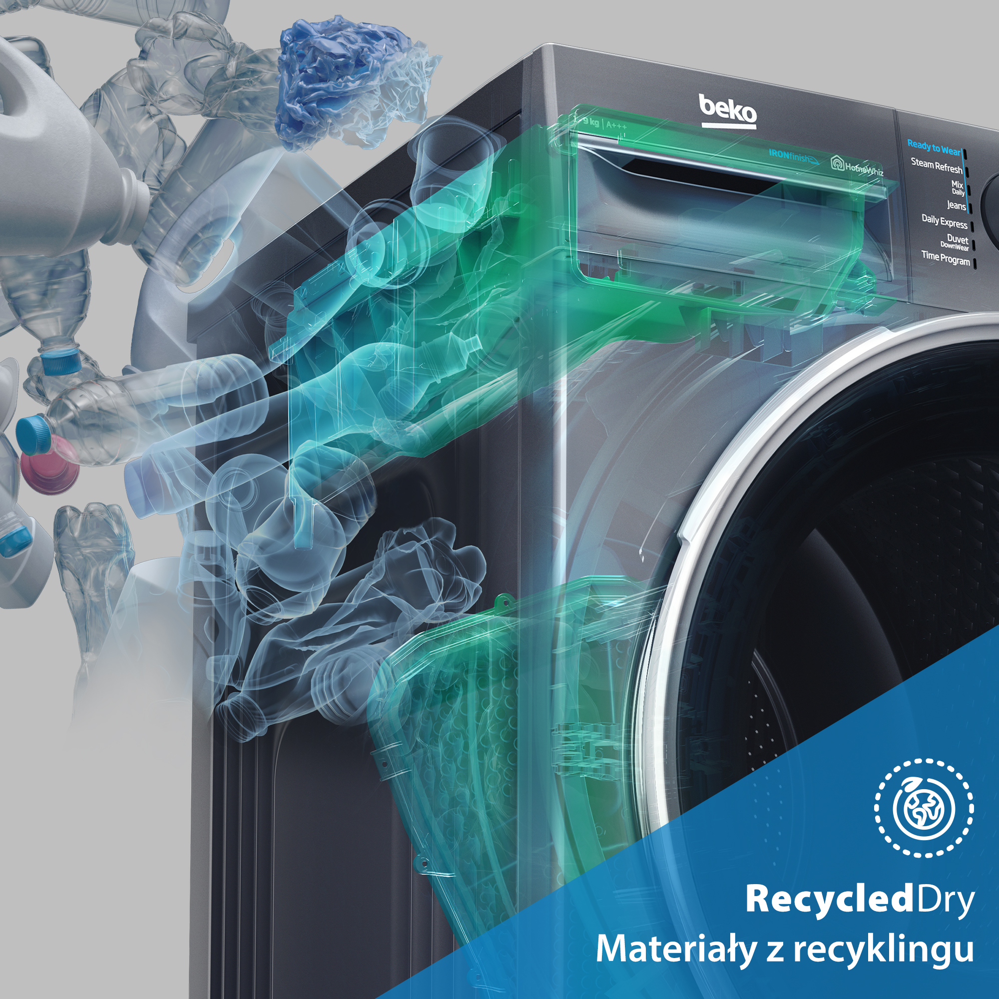 Pralka Beko z nałożonymi plastikowymi butelkami, promująca materiały z recyklingu. Zawiera logo 'RecycledDry'.