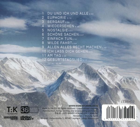 CD-Cover mit Songtiteln und -dauern, Bergkettenhintergrund. Enthält Urheberrecht und Barcode-Informationen.
