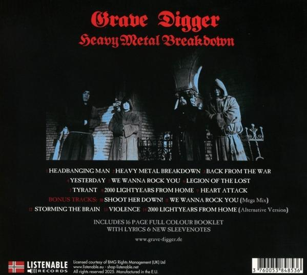 Albumcover von Grave Digger, 'Heavy Metal Breakdown'. Zeigt Bandmitglieder in Kapuzenmänteln, Songtitel und einen Copyright-Hinweis.