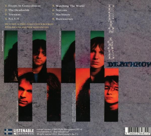 Albumcover mit Gesichtern von Bandmitgliedern in vertikalen Rechtecken. Text enthält Songtitel, Bandname 'Deathrow' und 'Deception Ignored'.
