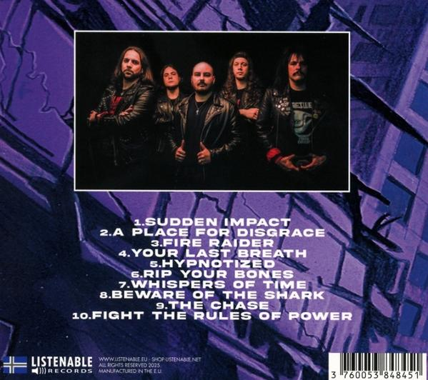 Albumcover: Band von fünf Männern in Lederjacken. Text enthält Songtitel und Labeldetails. Hintergrund ist lila mit Gebäudeumriss.