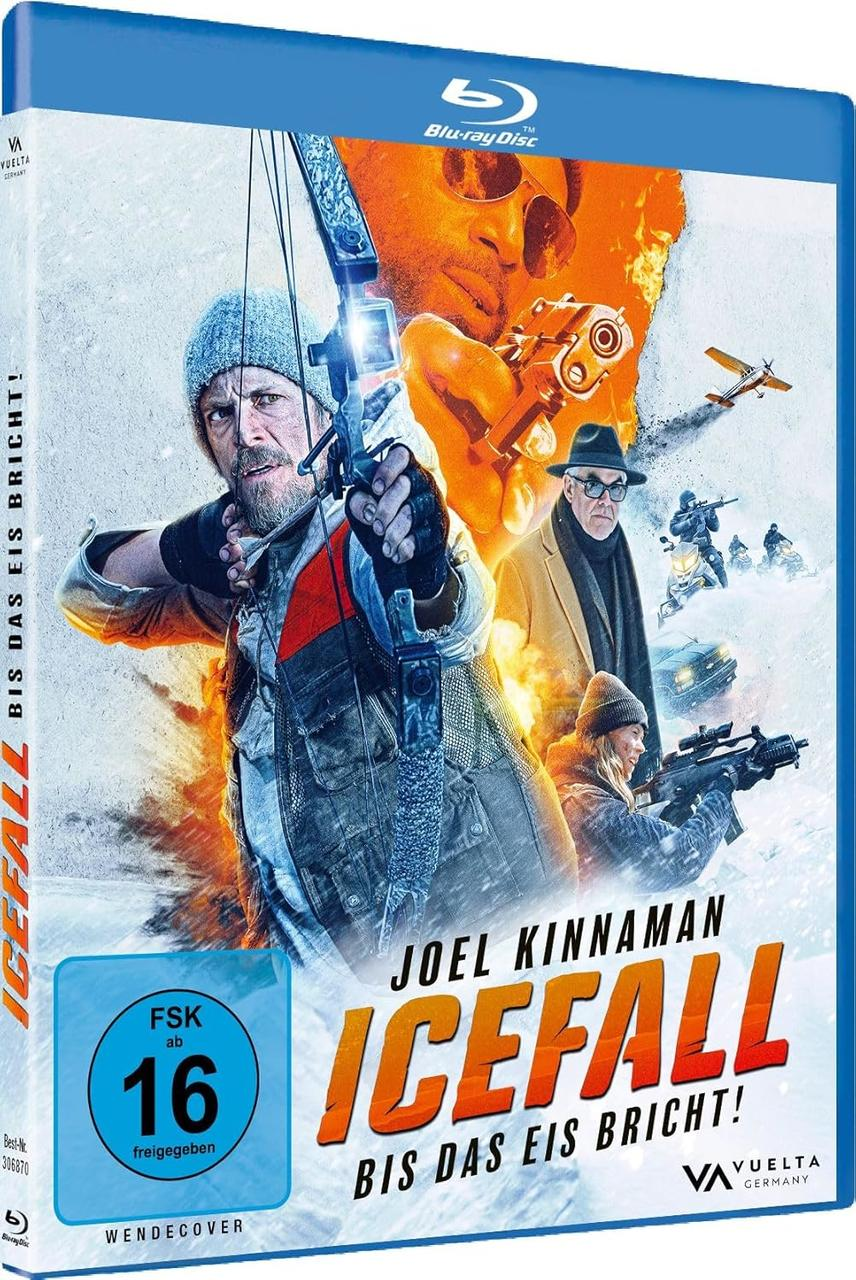 Blu-ray-Cover für den Film Icefall. Mann mit Bogen, andere Charaktere mit Waffen, verschneiter Hintergrund. Joel Kinnaman.