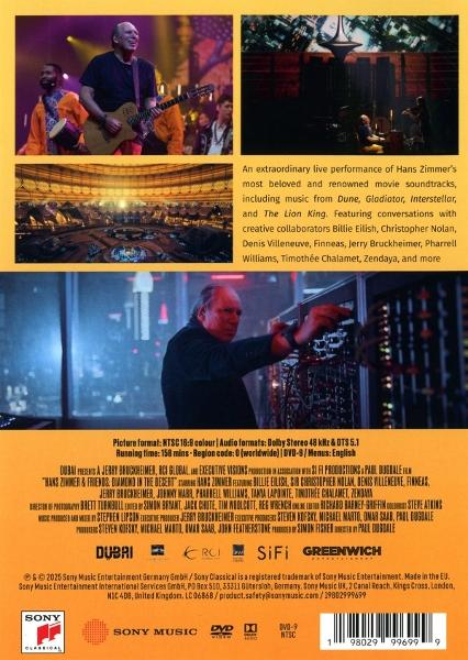 DVD-Cover. Hans Zimmer mit Musikern auf der Bühne. Text: 'Hans Zimmer & Friends: Diamond in the Desert'.