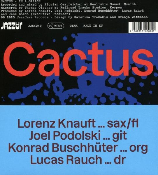 Albumcover für Cactus. Rotes Wort 'Cactus' auf dunklem Hintergrund mit blauen Flecken. Unten Namen der Bandmitglieder und Instrumente.