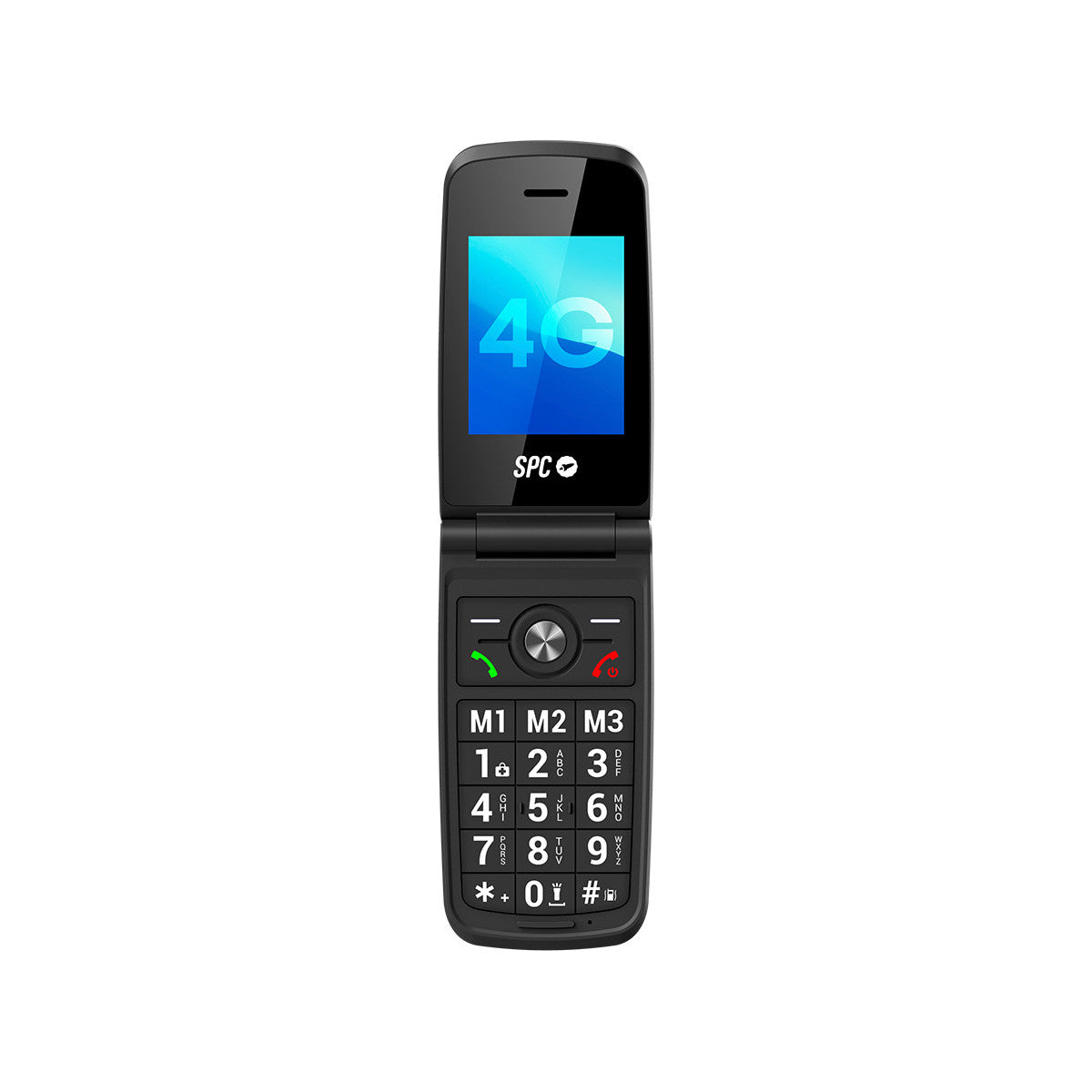 Un teléfono plegable negro está abierto. La pantalla muestra '4G' y la marca 'SPC'. El teclado tiene botones grandes con números y símbolos.
