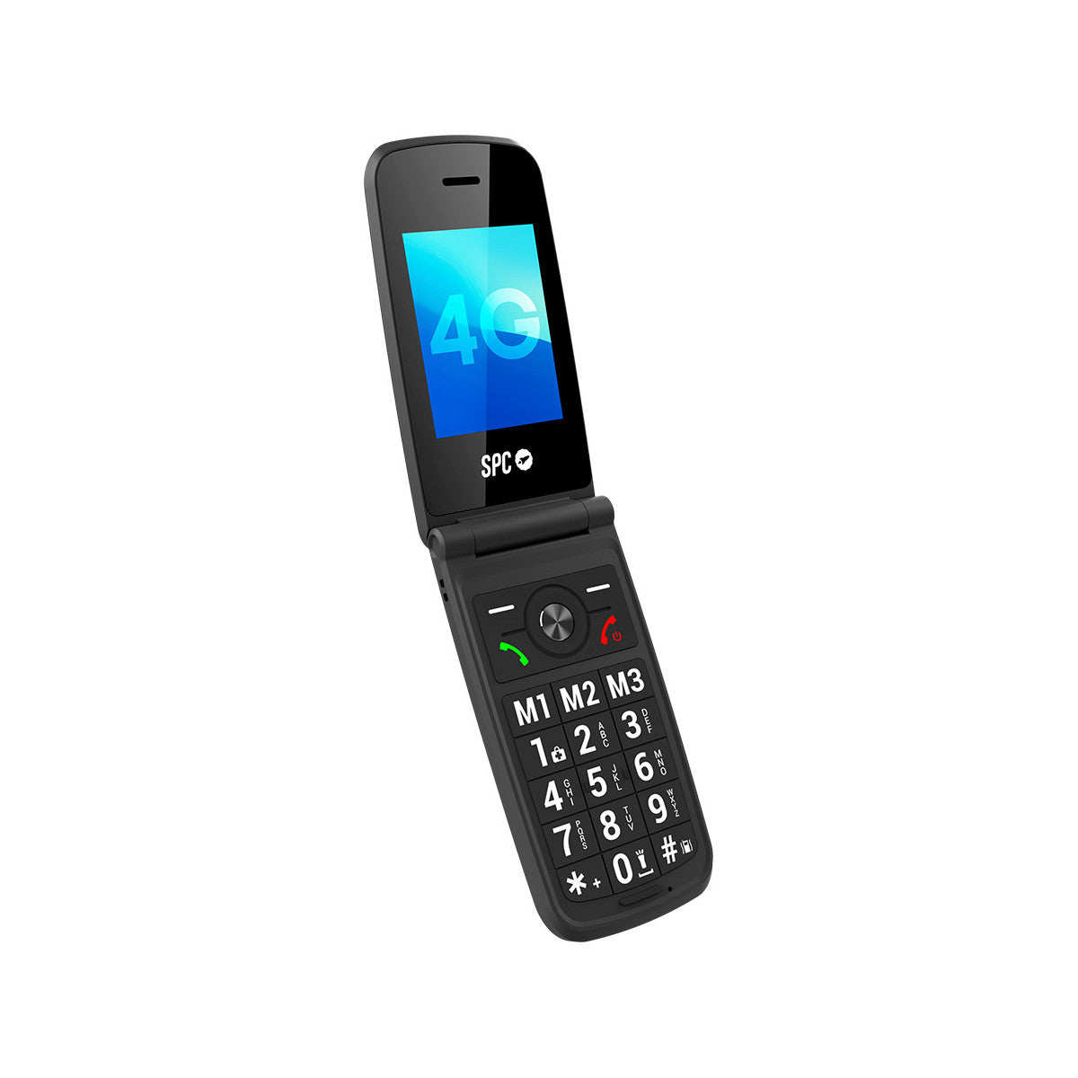 Un teléfono plegable negro abierto. La pantalla muestra '4G' sobre fondo azul. El teclado tiene números y botones de función.