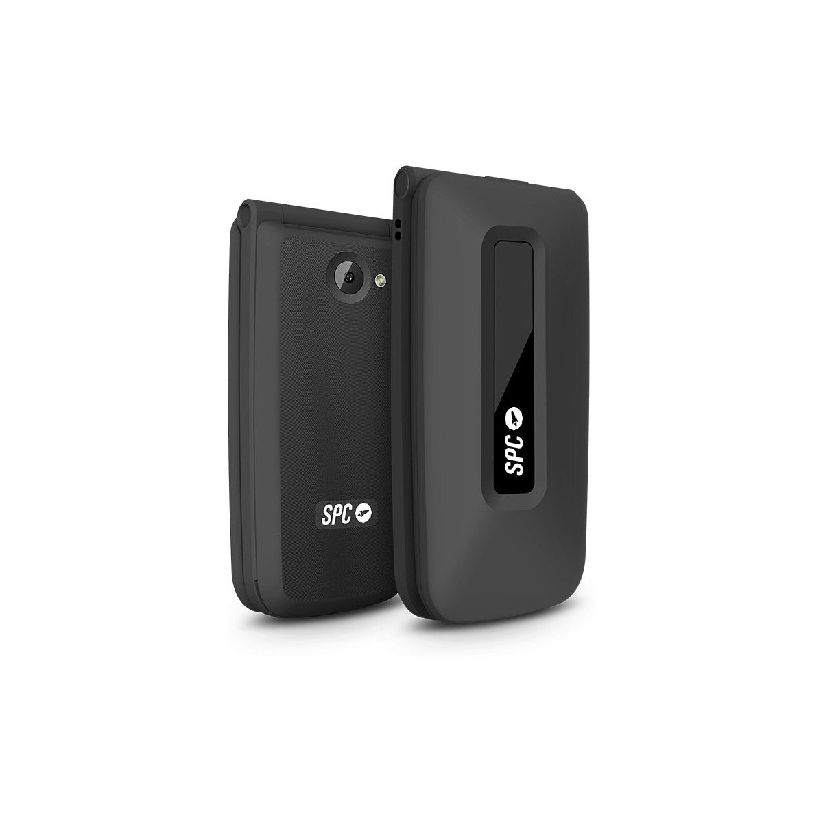 Dos teléfonos plegables negros, uno abierto y otro cerrado. Ambos teléfonos tienen el logotipo de la marca "SPC".