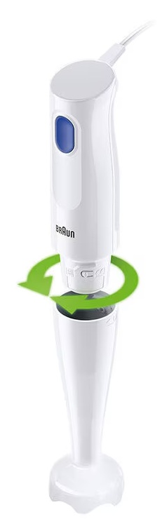 Biały blender ręczny Braun z odłączaną głowicą. Niebieski przycisk na uchwycie. Zielona strzałka wskazuje sposób mocowania.