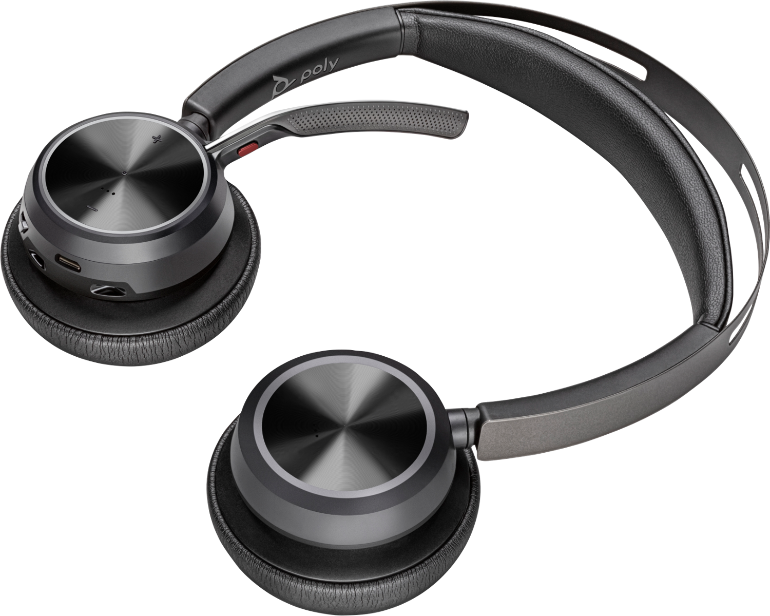 Schwarzes Headset der Marke Poly mit Mikrofon. Die Ohrmuscheln sind rund und grau. Es ist auf schwarzem Hintergrund.