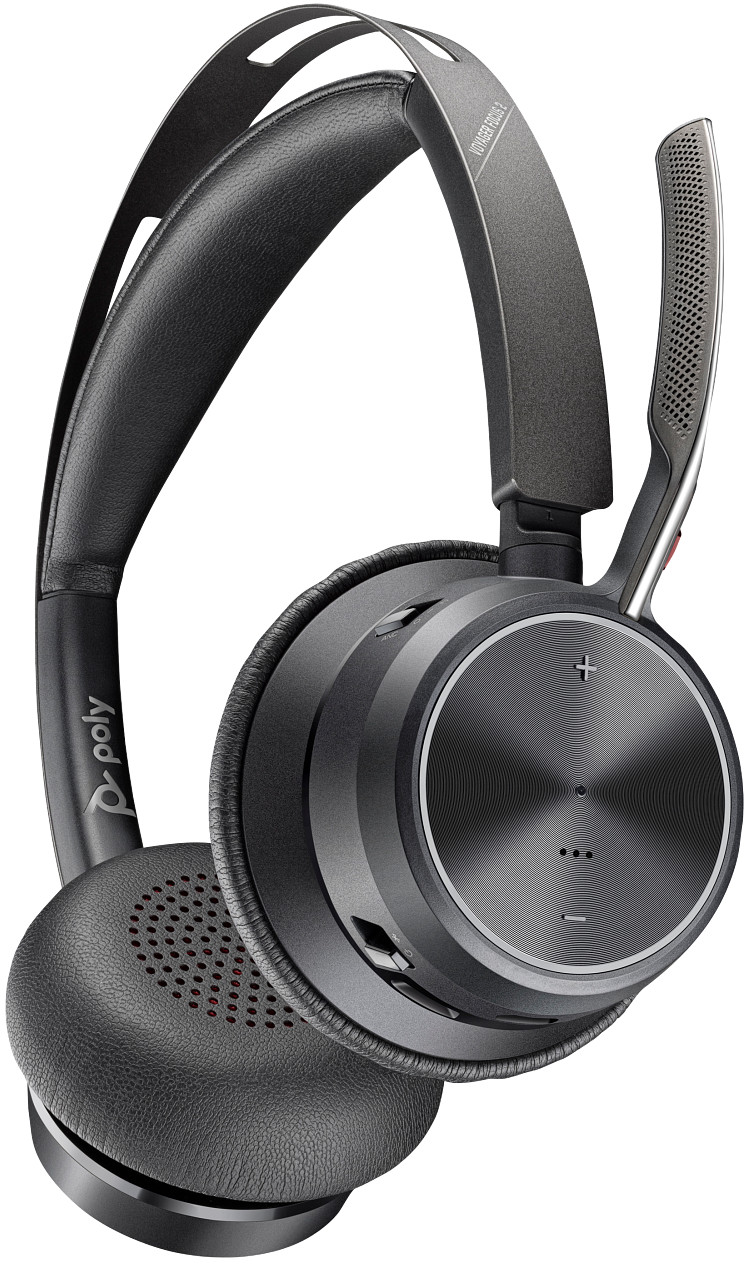 Schwarzes Poly Voyager Focus 2 Headset. Verfügt über Ohrmuscheln, ein Stirnband und ein Mikrofon. Die Ohrmuschel hat Knöpfe.