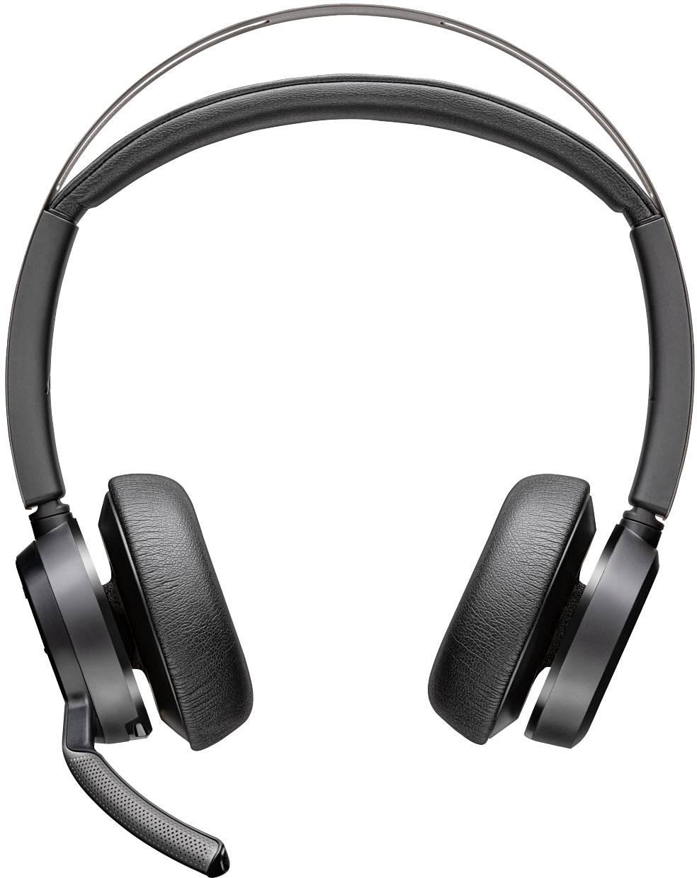 Schwarzes Headset mit Ohrmuscheln und Mikrofon. Es hat ein Kopfband und befindet sich vor weißem Hintergrund.