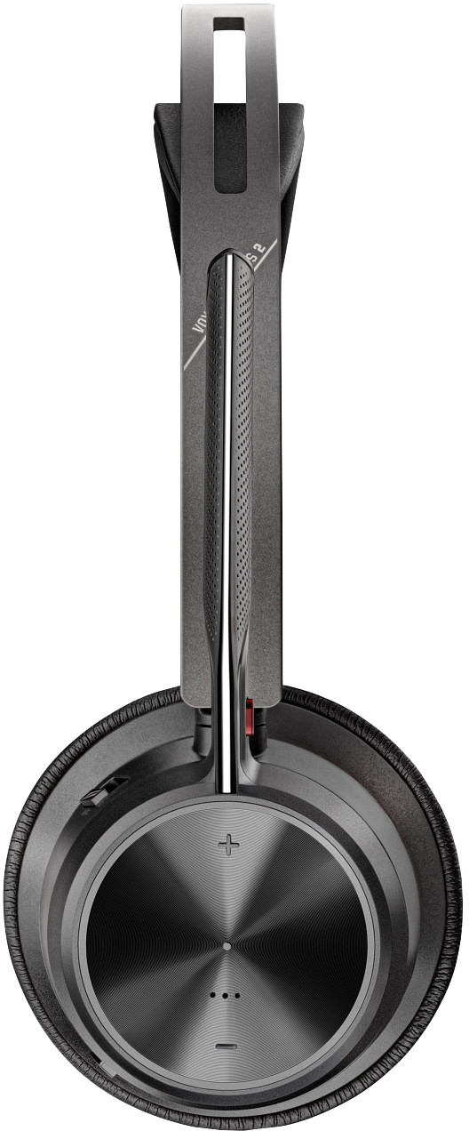 Draufsicht auf ein grau-schwarzes Headset. Der Ohrmuschel hat ein kreisförmiges Design mit Plus-, Minus- und Punktsymbolen.