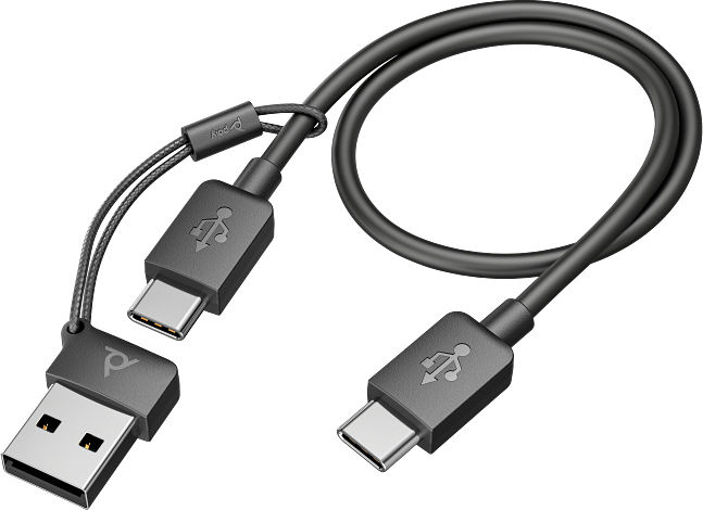 Ein schwarzes USB-Kabel mit einem USB-A- und zwei USB-C-Anschlüssen. Die Anschlüsse sind grau. Der Hintergrund ist schwarz.