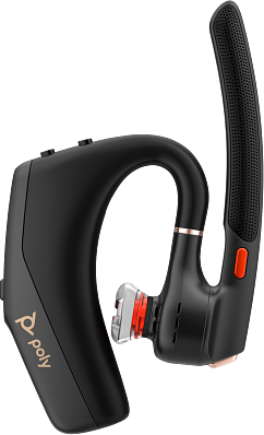 Schwarzes Poly Bluetooth-Headset mit kupferfarbenen Akzenten. Zu den Merkmalen gehören ein Ohrbügel, ein Mikrofonarm und Steuertasten.