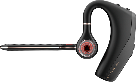 Ein schwarzes und kupferfarbenes Bluetooth-Headset. Es hat einen Ohrbügel, ein Mikrofon und Tasten. Der Markenname 'LEGEND 50' ist sichtbar.