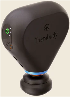 Schwarze Therabody-Massagepistole mit Ein- und Ausschalttaste und Logo. Orange und blaue Akzente.