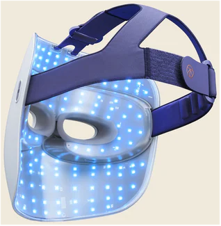 LED-Lichttherapiemaske mit blauen Lichtern, weißem Rahmen und lila Riemen.