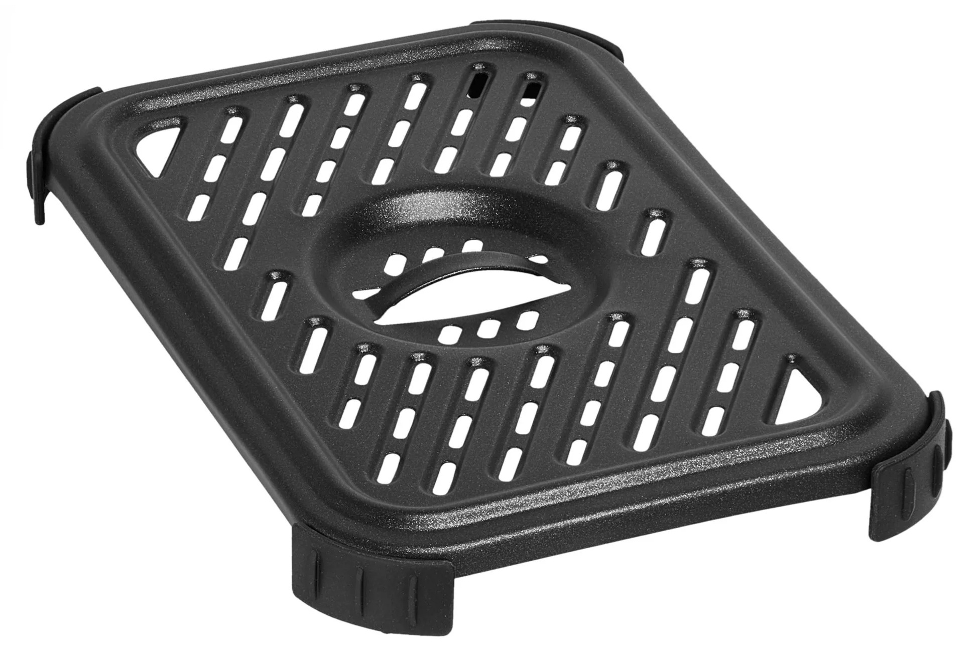 Czarna, prostokątna plastikowa taca z centralnym otworem i wieloma prostokątnymi perforacjami.