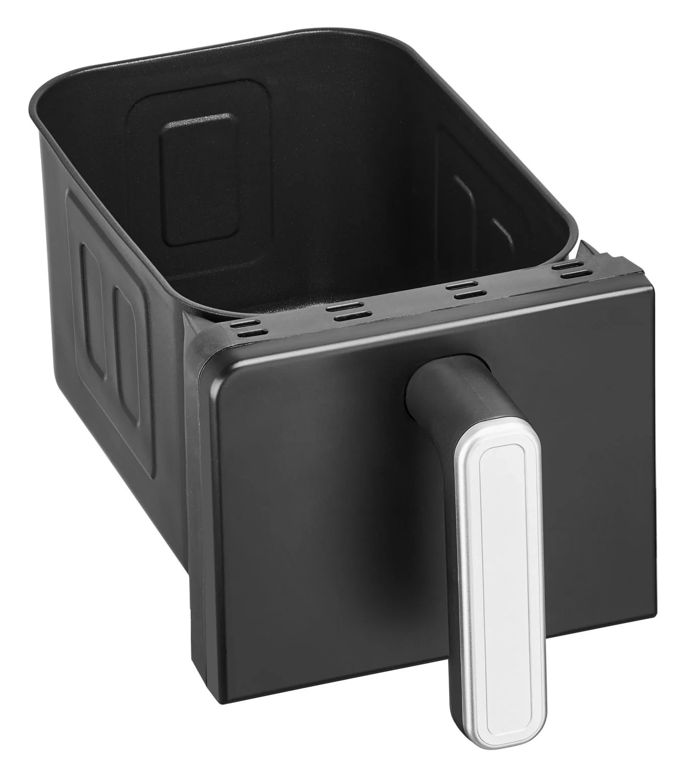 Czarny kosz do frytkownicy powietrznej z uchwytem. Uchwyt jest srebrny i biały. Kosz ma otwory wentylacyjne i prostokątny kształt.