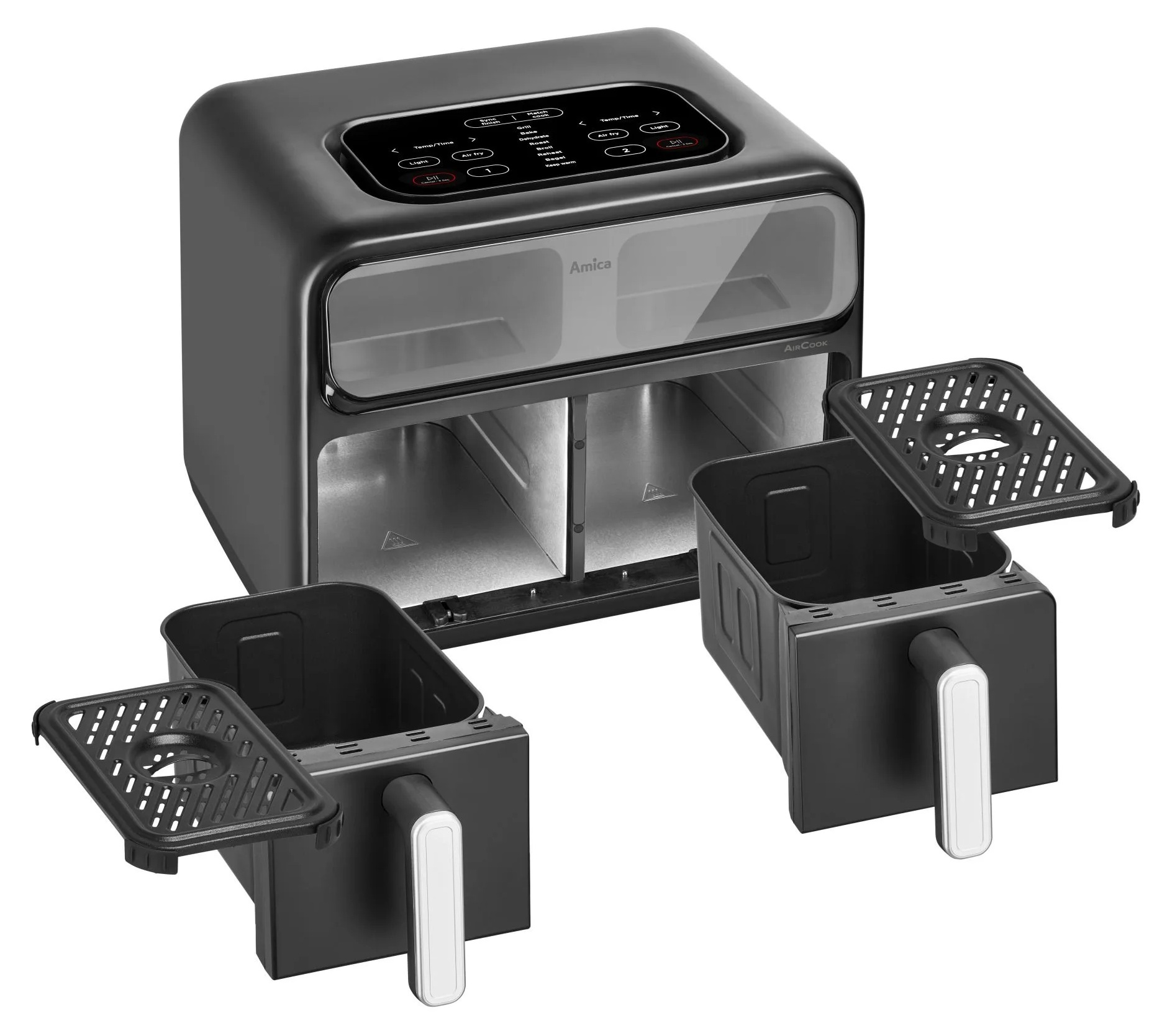 Czarna frytkownica powietrzna z dwoma koszami i panelem sterowania. Kosze wysunięte z rusztami na wierzchu. Marka Amica.