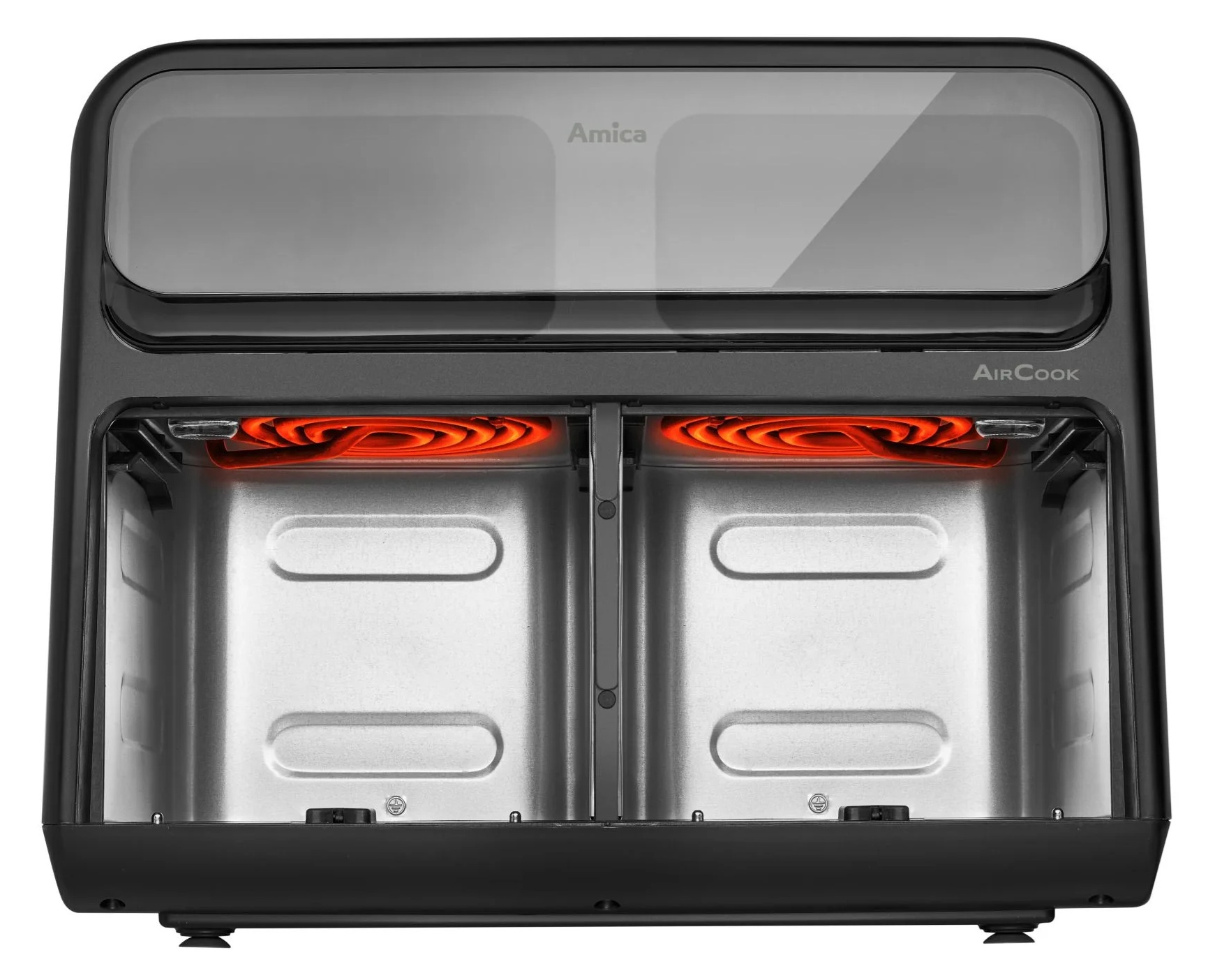 Czarna frytkownica Amica AirCook. Ma dwie komory z czerwonymi elementami grzewczymi. Góra ma przezroczyste okno.