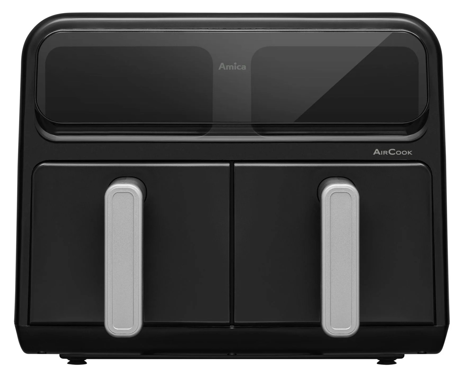 Czarna frytownica powietrzna ze srebrnymi uchwytami. Górna część ma przezroczysty panel z marką Amica.