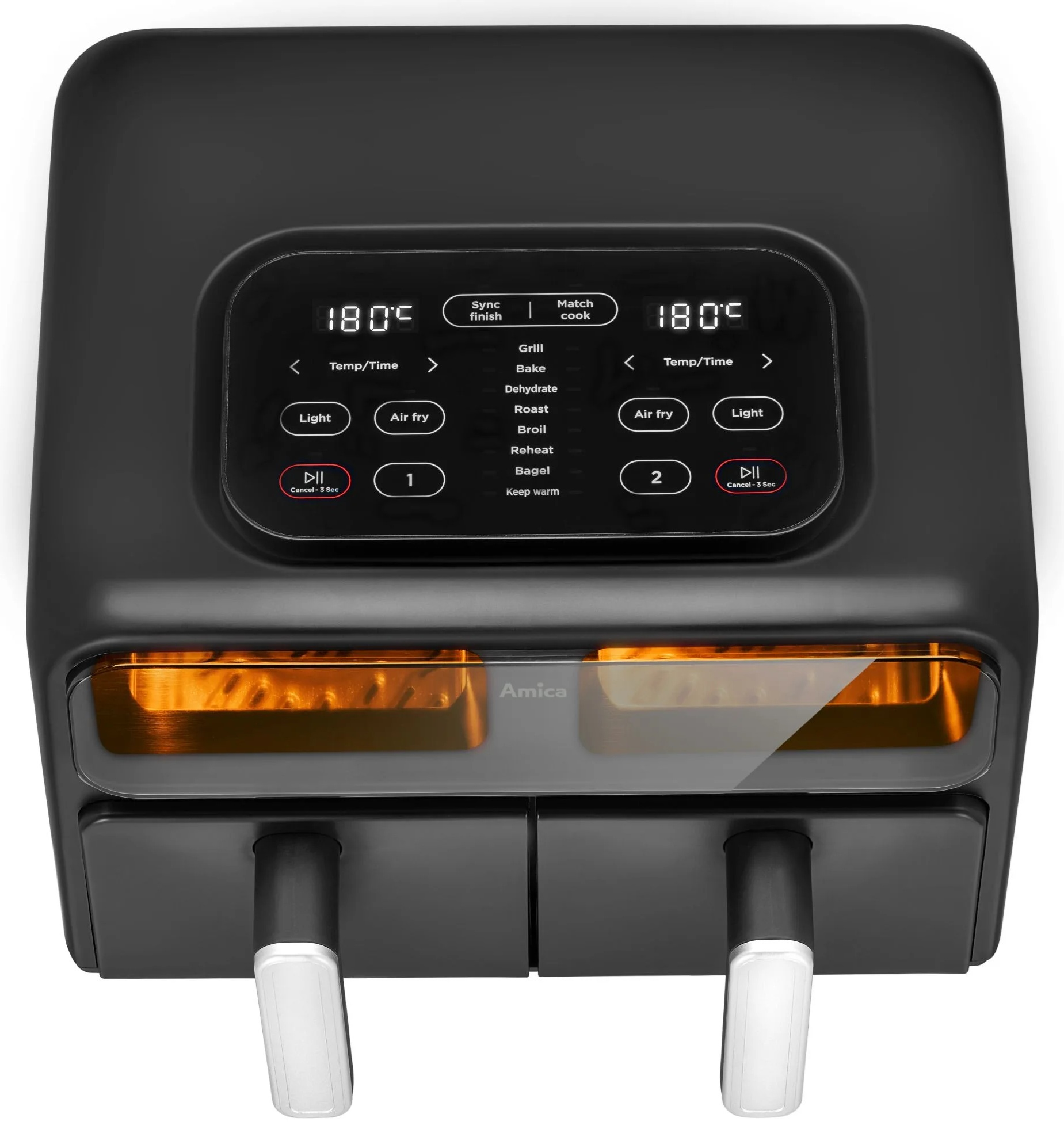 Czarna frytkownica powietrzna z dwoma komorami, wyświetlacze cyfrowe pokazujące 180 stopni. Elementy sterujące obejmują smażenie na powietrzu, światło i tryby gotowania.