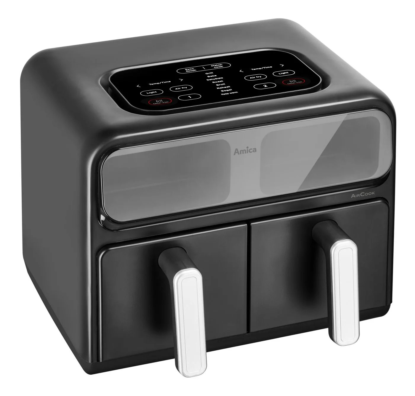 Czarna frytkownica beztłuszczowa z cyfrowym wyświetlaczem i dwiema wysuwanymi szufladami. Przyciski temperatury, czasu i trybów.