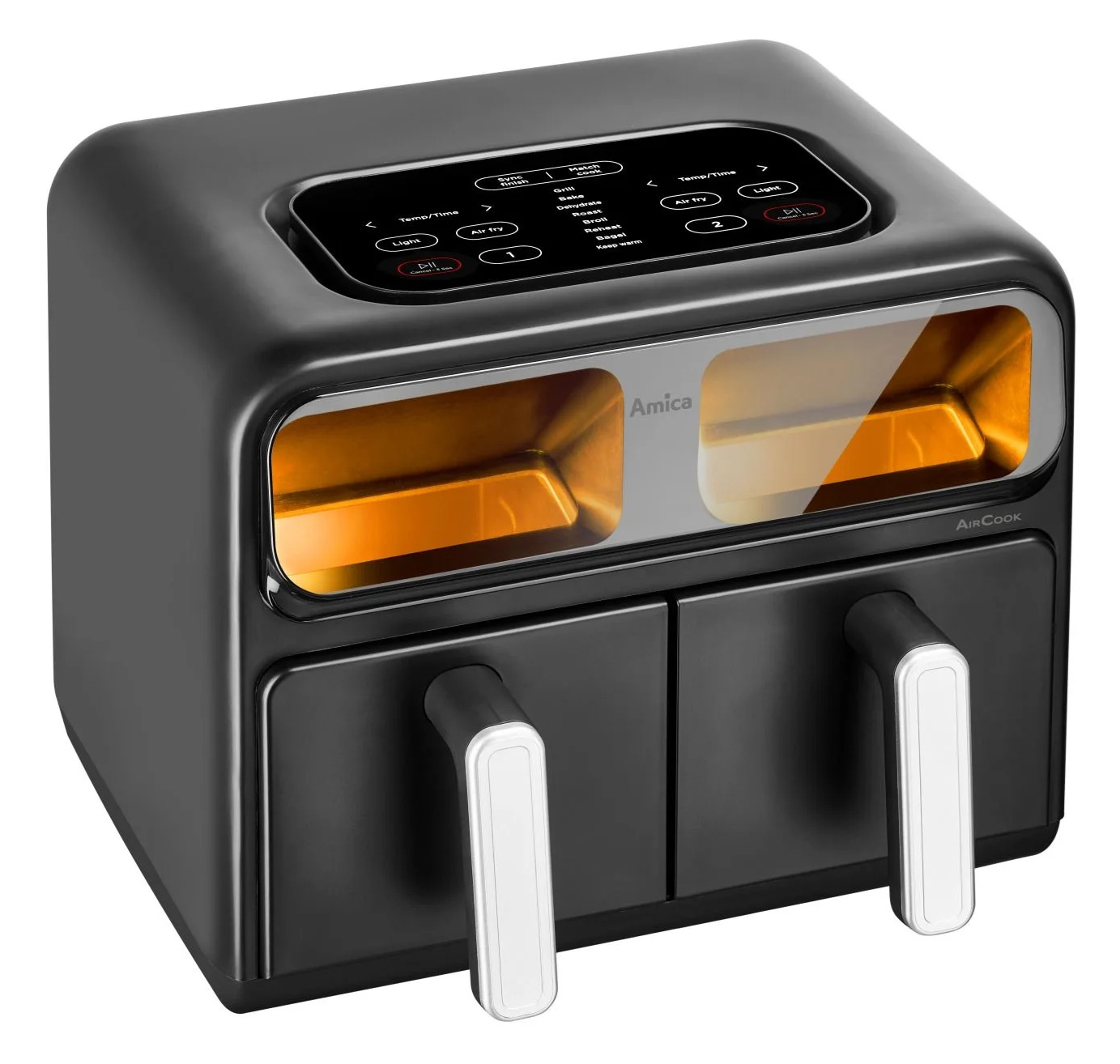 Czarna frytkownica powietrzna z dwoma komorami, cyfrowym wyświetlaczem i białymi uchwytami. Widoczna marka Amica. Sterowanie obejmuje air fry i światło.