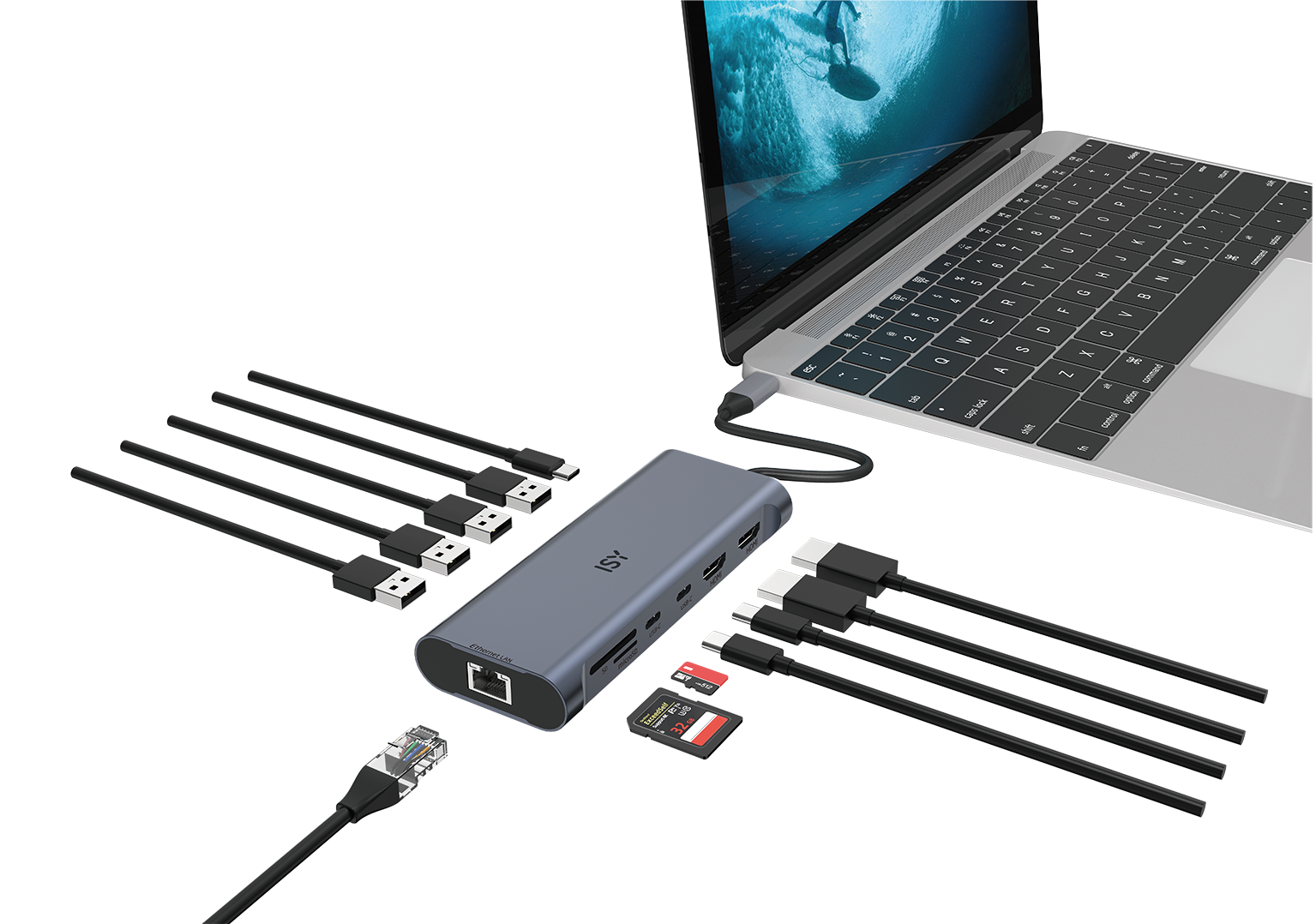 Laptop podłączony do szarego huba z wieloma kablami i portami, w tym USB, HDMI i Ethernet, oraz karta SD.
