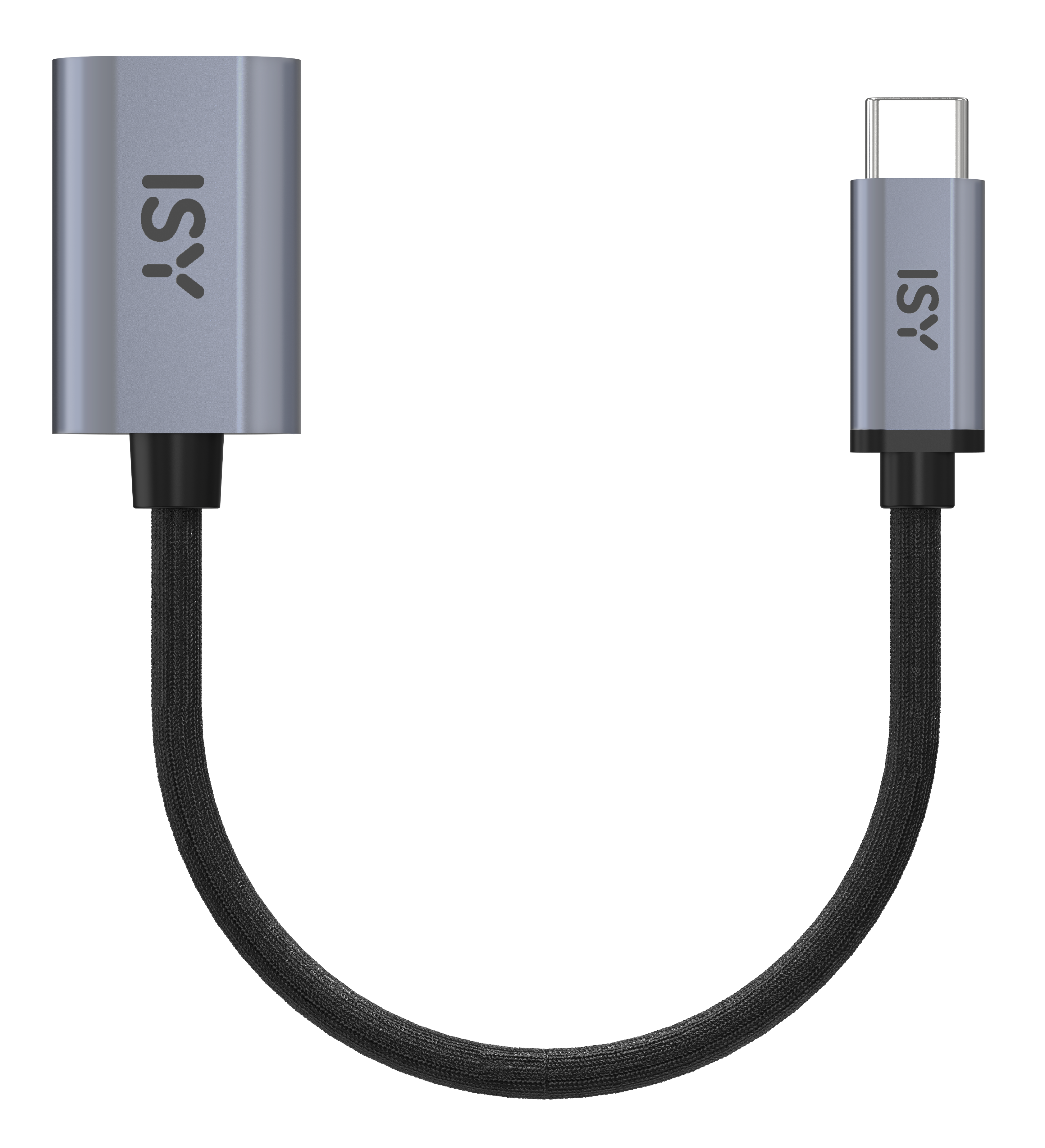 Kabel USB-C do USB-C z szarymi złączami i czarnym plecionym kablem, na czarnym tle.