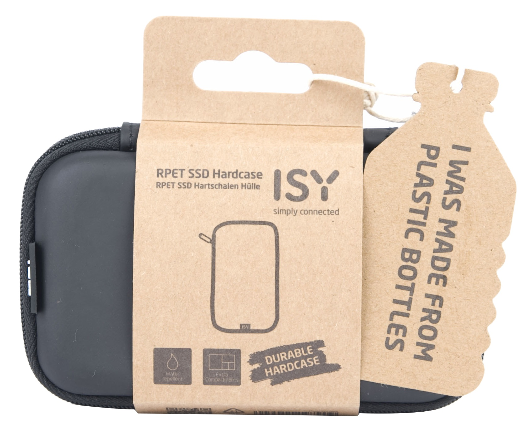 Czarny, twardy futerał z brązową etykietą. Etykieta głosi: 'ISY' i 'Zostałem wykonany z plastikowych butelek'.