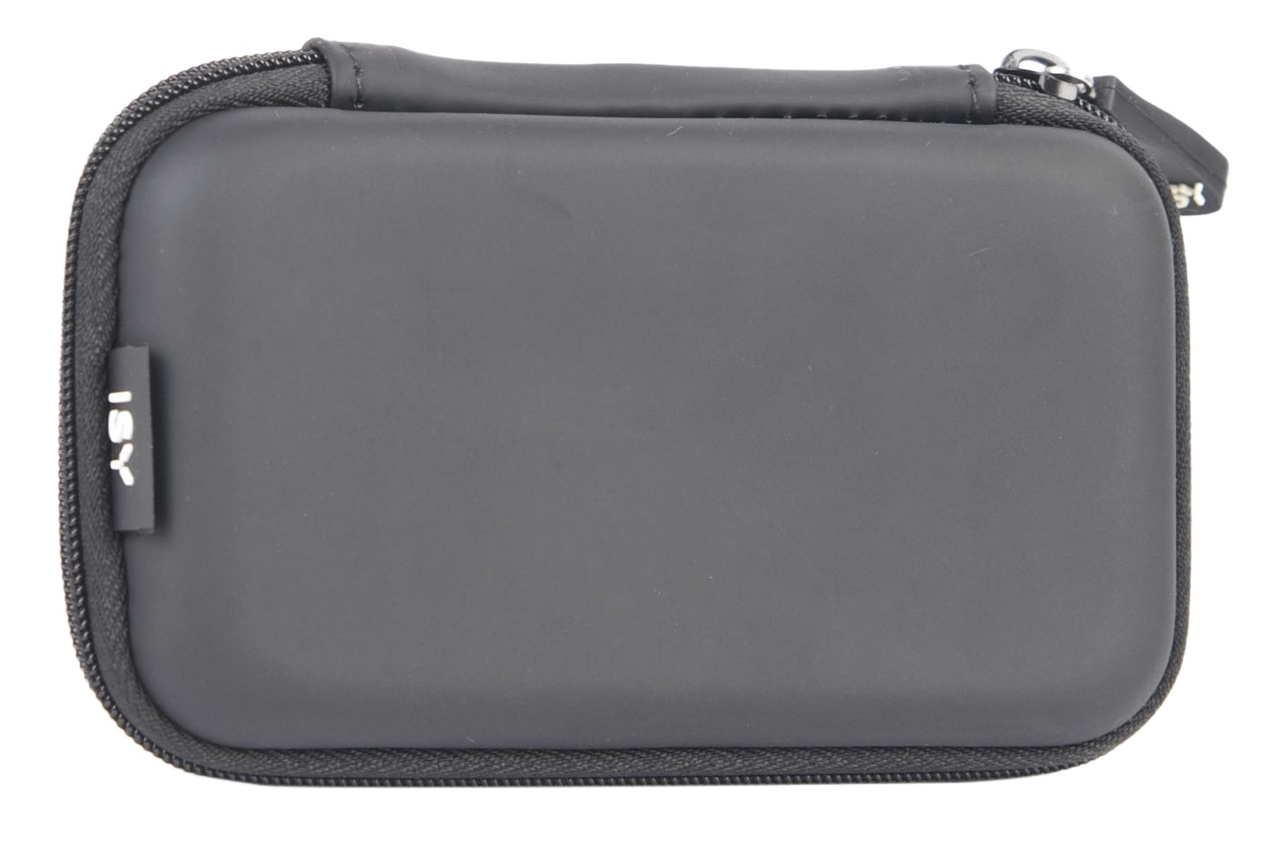 Czarne, prostokątne etui z zamkiem błyskawicznym i napisem 'ISY'. Ma uchwyt na górze i suwak zamka.