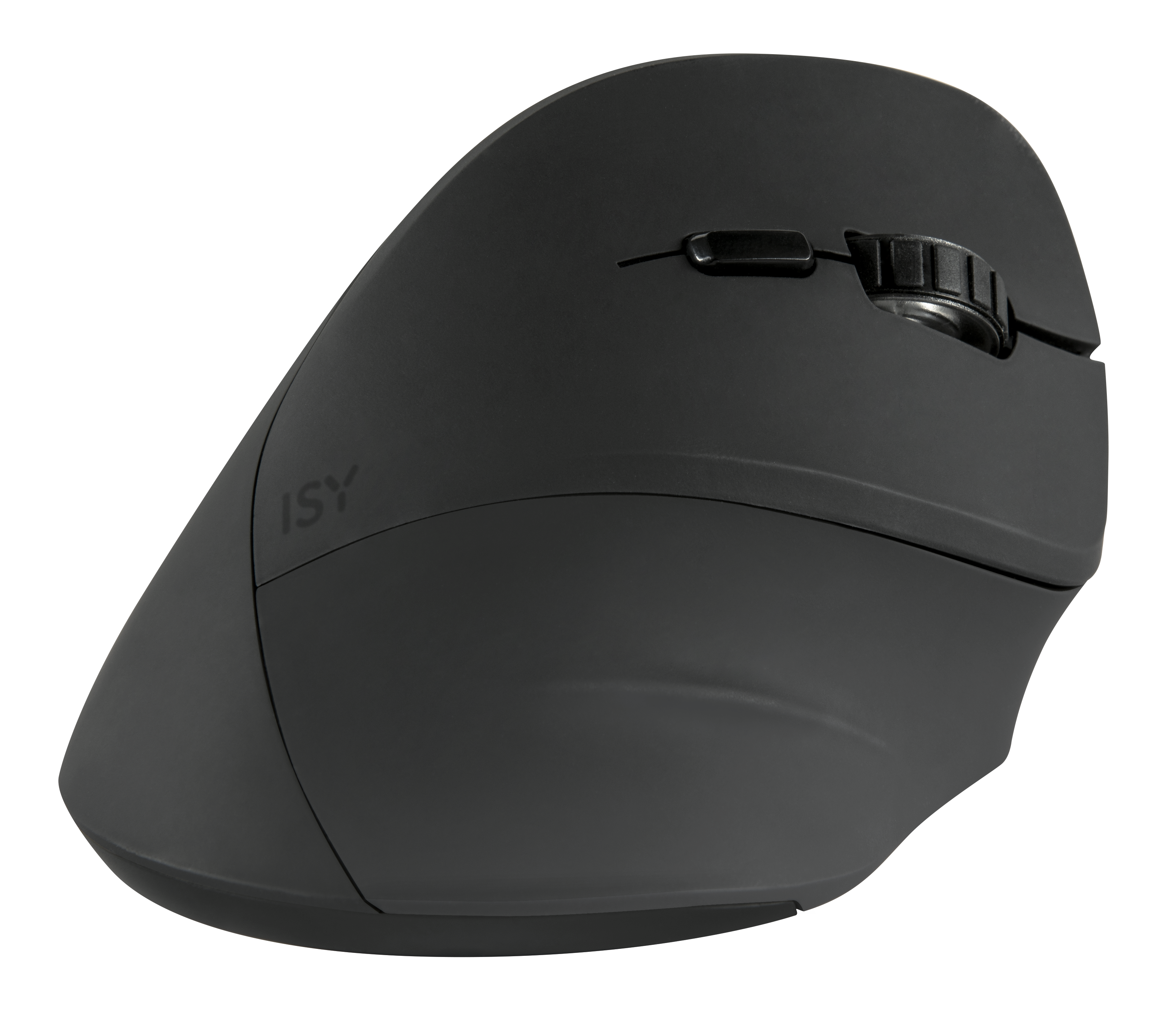Czarna, ergonomiczna mysz komputerowa na czarnym tle. Mysz ma kółko przewijania i markę ISY.