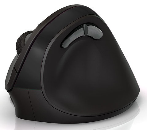 Czarna ergonomiczna mysz komputerowa z kółkiem przewijania i przyciskami. Mysz ma zakrzywiony kształt, zaprojektowany z myślą o komforcie.