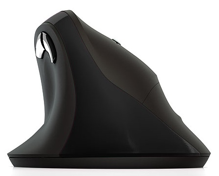 Czarna, ergonomiczna mysz komputerowa w pionie. Ma zakrzywioną konstrukcję dla wygody dłoni, ze srebrnymi akcentami.