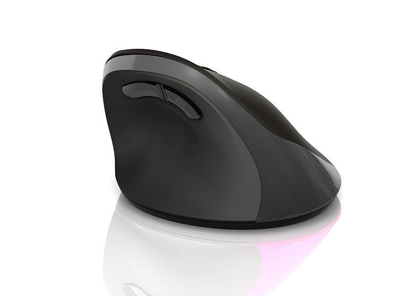 Czarna ergonomiczna mysz komputerowa z szarymi akcentami, widok z boku, odbicie na białej powierzchni.