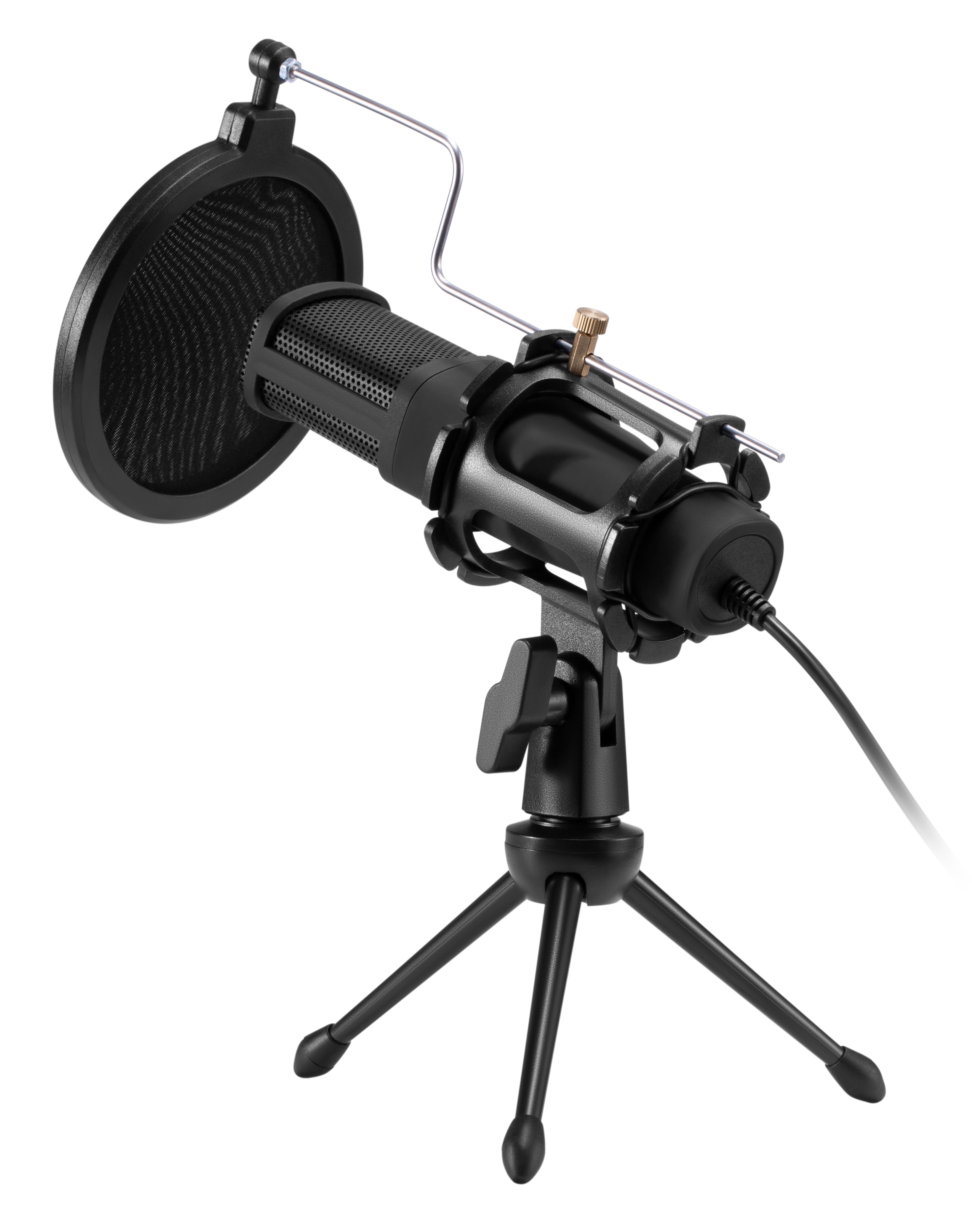 Czarny mikrofon z filtrem pop, zamontowany na małym statywie. Kabel wychodzi z mikrofonu.