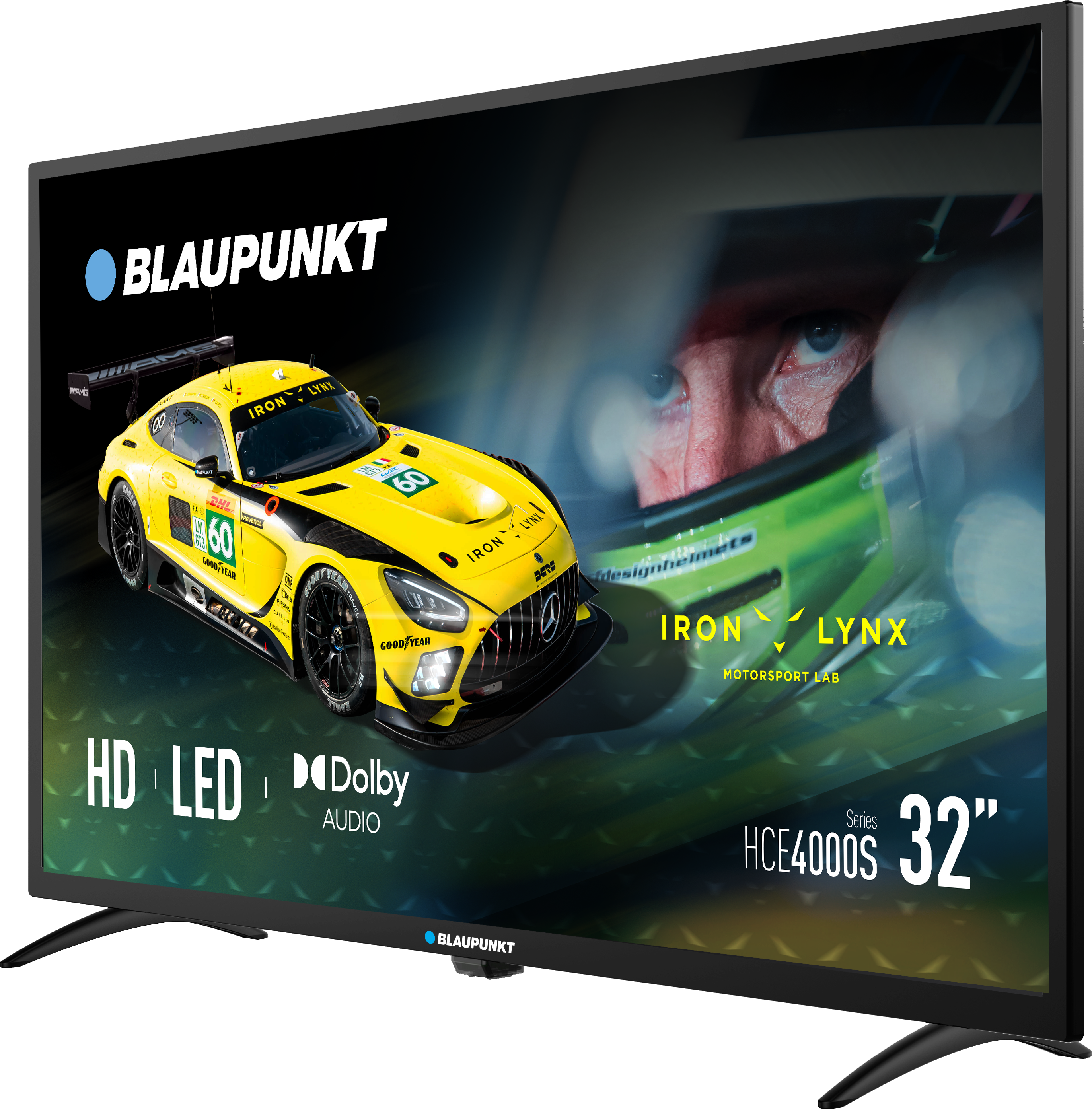 Telewizor wyświetla żółty samochód wyścigowy z twarzą kierowcy, logo oraz tekstami 'BLAUPUNKT' i '32"'.