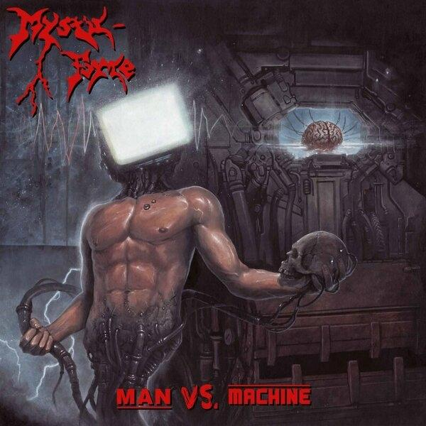 Ein Cyborg hält einen Schädel, mit einem Bildschirm als Kopf, vor einer Maschine mit einem Gehirn. Der Text lautet "MAN VS. MACHINE".