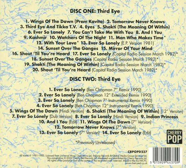 CD-Cover. Listet Songs wie Ever So Lonely, Kashmir, Wings Of The Dawn und mehr. Cherry Pop Logo und Barcode.