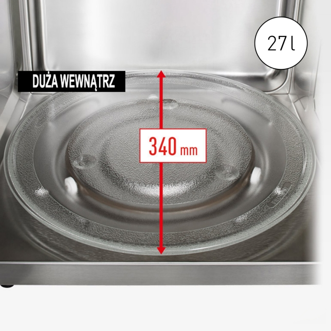 Wewnątrz kuchenki mikrofalowej widoczny szklany talerz. Czerwona linia wskazuje średnicę 340 mm. Tekst mówi 'DUŻA WEWNĄTRZ' i '27l'.
