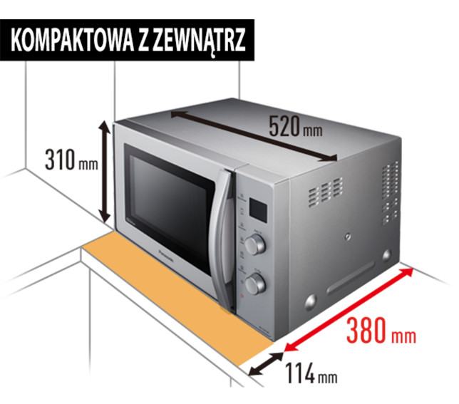 Srebrna kuchenka mikrofalowa z wymiarami. Tekst u góry brzmi 'kompaktowa z zewnątrz'. Wymiary: 520 mm, 380 mm, 310 mm i 114 mm.