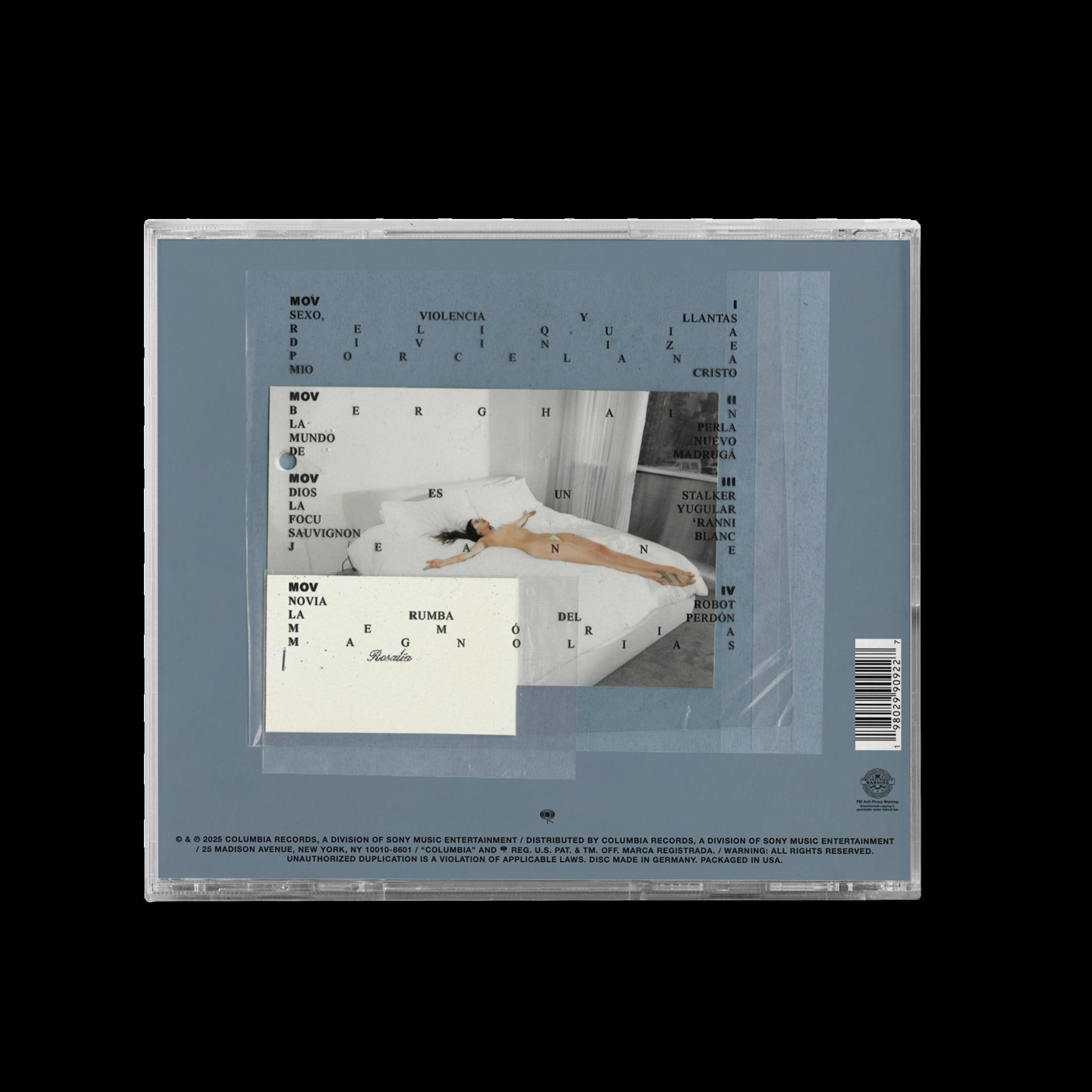 Albumcover: nackte Person auf einem Bett, Text auf Spanisch. Blaues und weißes Farbschema. CD-Hülle sichtbar.