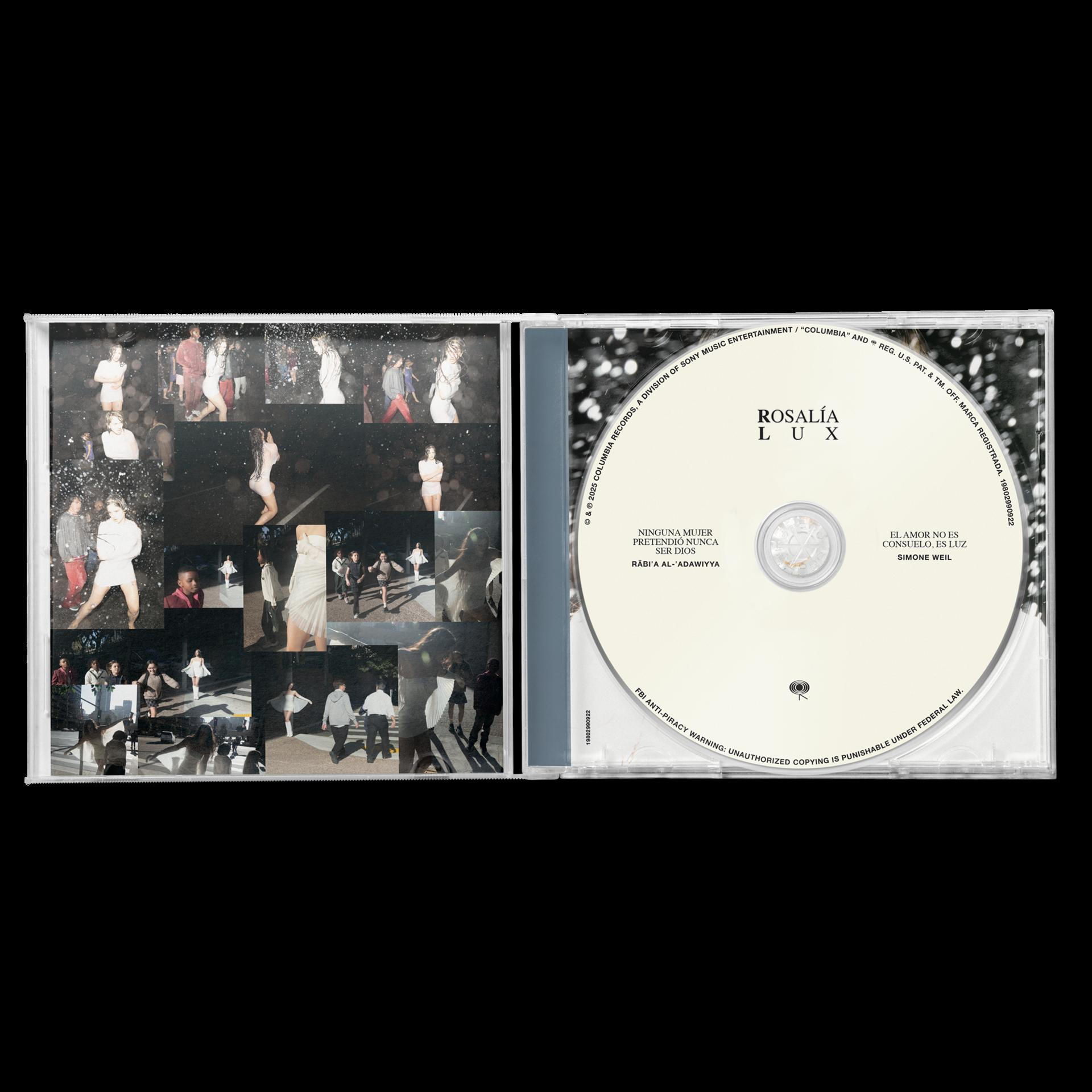 CD-Hülle mit Fotos von Personen und Text. Die CD trägt den Titel 'Rosalía LUX'. Die Hülle ist geöffnet.