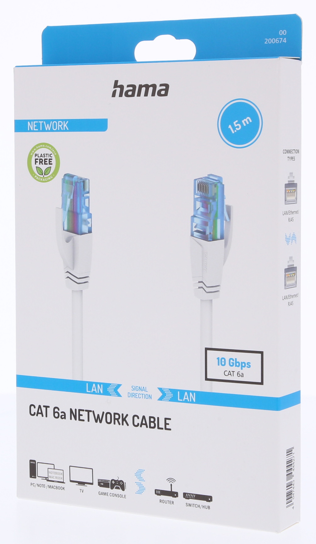 Bir Hama CAT 6a ağ kablosu kutusu. Mavi konektörlü beyaz bir kablo gösterir. Metin '10 Gbps' ve 'Plastic Free' içerir.